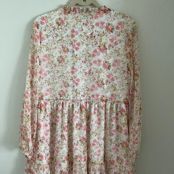 LUCKY BRAND LIGHT LINED FLORAL LONG SLEEVE CHIFFON DRESS WITH RUFFLES SIZE L - Picture 2 of 8